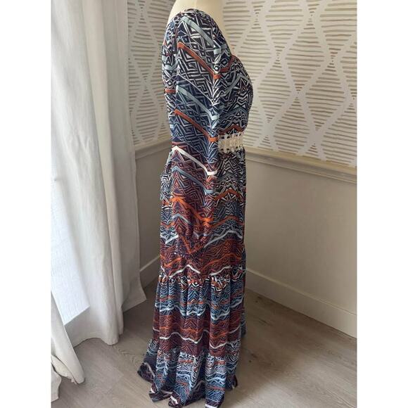 Venus Size 8 Medium Blue Rust Boho Balloon Sleeve Chiffon Tiered Maxi Dress - Picture 6 of 8